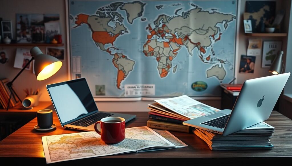 A neatly organized desk with a laptop, a stack of travel guides, a map, and a cup of coffee. The background features a large world map on the wall, alongside inspirational travel photos and mementos from past trips. Warm, cozy lighting casts a soft, contemplative glow, creating an atmosphere of thoughtful planning. The scene captures the excitement and preparation of mapping out an epic journey through Germany's rich history, captivating culture, and stunning landscapes.