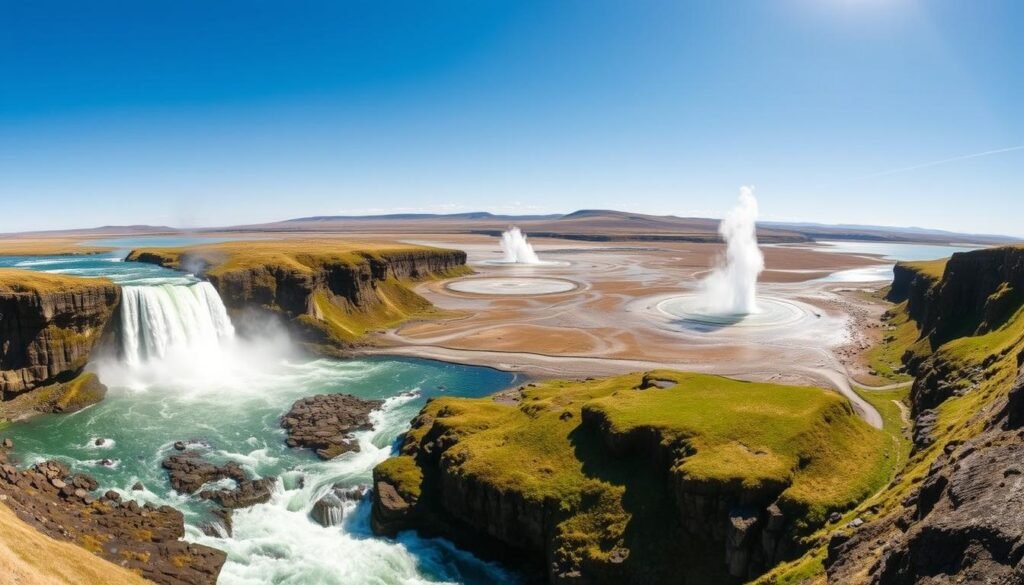 A panoramic view of Iceland's renowned Golden Circle route, captured under a bright, clear sky. In the foreground, the powerful Gullfoss waterfall cascades over rugged cliffs, its thundering flow framed by lush, mossy banks. In the middle ground, the iconic Geysir Hot Spring Area erupts with steaming plumes, surrounded by a lunar landscape of silica terraces and active geothermal features. Beyond, the ancient rift valley of Thingvellir National Park stretches out, its dramatic tectonic plates and tranquil lake creating a breathtaking natural backdrop. The scene conveys the awe-inspiring grandeur and geological wonders that make the Golden Circle one of Iceland's most essential experiences.