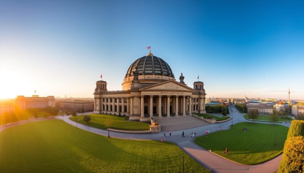 A panoramic view of the iconic Reichstag building in Berlin, Germany, bathed in warm, golden afternoon sunlight. The dome's intricate glass and steel structure stands tall, offering a 360-degree vista of the city's skyline. In the foreground, the lush green lawn and landscaping create a picturesque setting, inviting visitors to explore and take in the majestic architecture. The middle ground showcases the bustling streets and vibrant urban life surrounding the Reichstag, while the background features the distinctive landmarks of Berlin, such as the Brandenburg Gate and the Tiergarten. The scene conveys a sense of grandeur, history, and the dynamic energy of the German capital.