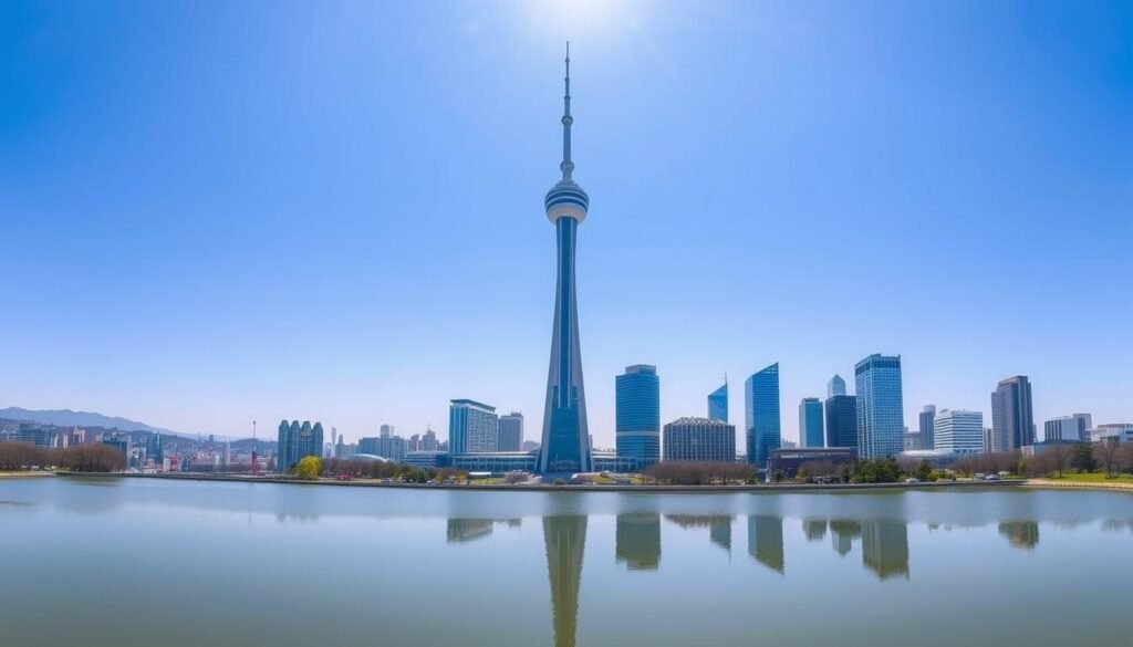 A panoramic view of the iconic Umeda Sky Building, its modern architectural design rising gracefully against a clear, azure sky. The futuristic structure, with its two towers connected by a suspended observation deck, offers breathtaking vistas of the bustling Osaka cityscape below. In the foreground, the building's distinctive silhouette is reflected in the tranquil waters of a nearby pond, creating a serene and captivating scene. Soft, diffused lighting illuminates the scene, highlighting the building's sleek lines and glass facades. The image conveys a sense of awe and wonder, inviting the viewer to experience the best of Osaka's urban landscapes from this vantage point.