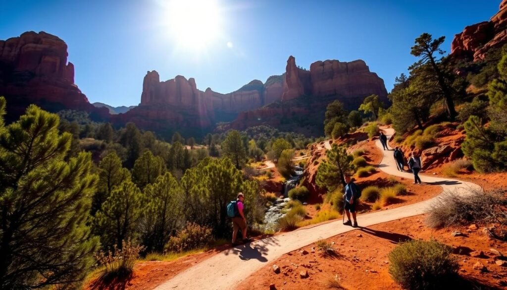 A peaceful trail winds through the majestic Red Rock State Park in Sedona, Arizona. Towering crimson sandstone formations rise majestically in the background, casting dramatic shadows across the landscape. The sun's golden rays filter through the lush foliage, illuminating the winding path that leads hikers deeper into the serene natural haven. Hikers traverse the smooth, well-maintained trail, taking in the breathtaking vistas of the iconic Sedona red rocks. Tranquil streams and ponds dot the scene, reflecting the stunning geological formations. An atmosphere of calm and wonder pervades the park, inviting visitors to immerse themselves in the beauty of the Southwestern desert. A peaceful trail winds through the majestic Red Rock State Park in Sedona, Arizona. Towering crimson sandstone formations rise majestically in the background, casting dramatic shadows across the landscape. The sun's golden rays filter through the lush foliage, illuminating the winding path that leads hikers deeper into the serene natural haven. Hikers traverse the smooth, well-maintained trail, taking in the breathtaking vistas of the iconic Sedona red rocks. Tranquil streams and ponds dot the scene, reflecting the stunning geological formations. An atmosphere of calm and wonder pervades the park, inviting visitors to immerse themselves in the beauty of the Southwestern desert.