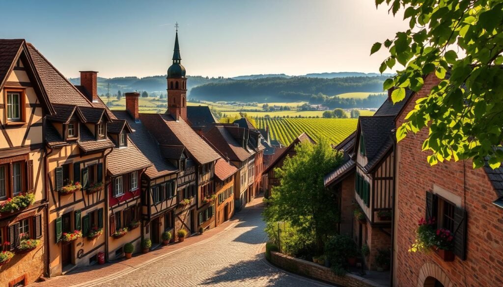 A picturesque Alsatian village nestled in the rolling hills, bathed in warm afternoon sunlight. Charming half-timbered houses with colorful window boxes line the cobblestone streets, their facades adorned with intricate carvings and flower-laden window boxes. In the distance, a historic church steeple punctuates the skyline, its spire casting a long shadow across the quaint town square. Lush vineyards stretch out as far as the eye can see, their verdant leaves rustling in a gentle breeze. A sense of timeless beauty and old-world enchantment permeates the scene, inviting the viewer to step into this idyllic Alsatian oasis.