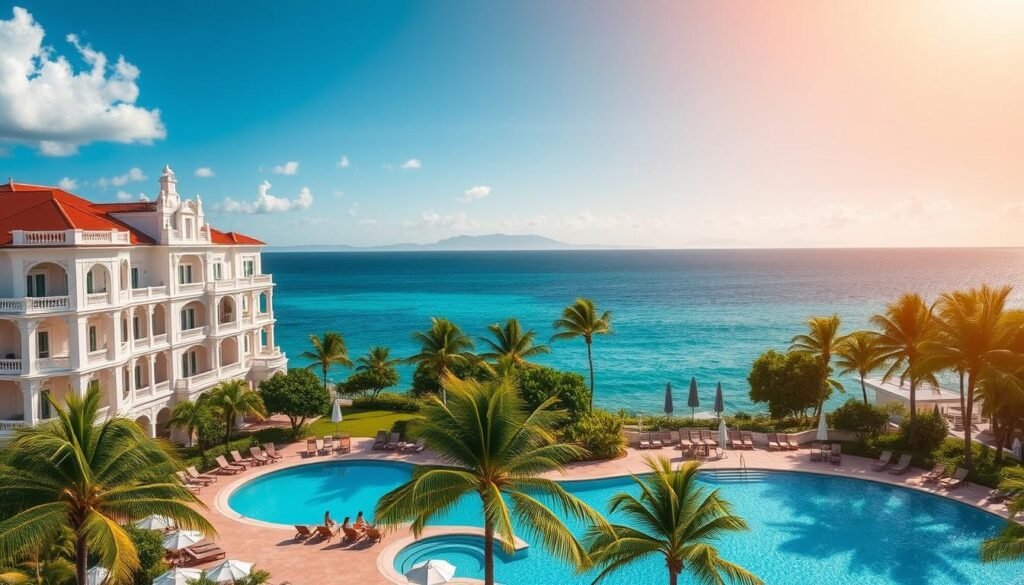 A picturesque Caribbean resort nestled along the idyllic coastline of Puerto Rico. In the foreground, a grand, colonial-style hotel with pristine white facades, elegant balconies, and lush tropical landscaping. The middle ground features a tranquil swimming pool surrounded by swaying palm trees and guests lounging on plush poolside cabanas. In the background, the azure waters of the Atlantic Ocean meet the horizon, with the faint outline of distant mountains. Warm, golden sunlight bathes the scene, creating a serene and inviting atmosphere. This enchanting hotel embodies the essence of Puerto Rican hospitality and natural beauty. A picturesque Caribbean resort nestled along the idyllic coastline of Puerto Rico. In the foreground, a grand, colonial-style hotel with pristine white facades, elegant balconies, and lush tropical landscaping. The middle ground features a tranquil swimming pool surrounded by swaying palm trees and guests lounging on plush poolside cabanas. In the background, the azure waters of the Atlantic Ocean meet the horizon, with the faint outline of distant mountains. Warm, golden sunlight bathes the scene, creating a serene and inviting atmosphere. This enchanting hotel embodies the essence of Puerto Rican hospitality and natural beauty.