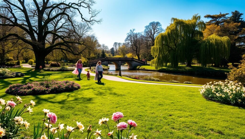A picturesque English garden in the heart of Munich, bathed in warm afternoon sunlight. In the foreground, a lush carpet of verdant grass dotted with vibrant blooms - delicate roses, cheerful daffodils, and cascading wisteria vines. Winding pathways lead through the middle ground, flanked by towering oak and elm trees, their branches casting intricate shadows. In the distance, a tranquil pond reflects the azure sky, its surface rippling gently. Couples and families stroll leisurely, enjoying the serene ambiance and the refreshing breeze. A classic stone bridge arches gracefully, inviting exploration of this verdant oasis in the city. The scene exudes a sense of timeless elegance and natural beauty, perfectly capturing the essence of the English Garden.