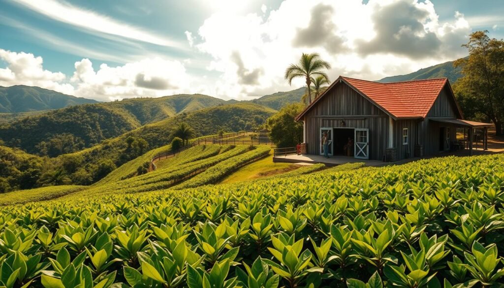 A picturesque Kona coffee farm nestled amidst lush, verdant hills. In the foreground, rows of vibrant, emerald-green coffee plants sway gently in the breeze. The mid-ground features a rustic, weathered wooden barn, its red-tiled roof and white walls contrasting beautifully with the surrounding greenery. In the distance, a group of workers can be seen tending to the precious coffee cherries. The scene is bathed in warm, golden sunlight filtering through wispy, cloud-dotted skies, creating a serene, idyllic atmosphere. The camera angle is slightly elevated, providing a panoramic view of the tranquil, pastoral landscape. The overall mood is one of peaceful productivity, showcasing the unique flavors and processes behind Kona's renowned coffee industry.