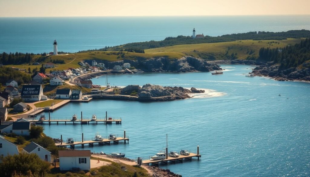 A picturesque New England coastal scene on a serene summer day. In the foreground, a quaint seaside town with charming clapboard houses and weathered docks along a sparkling blue harbor. In the middle ground, rocky cliffs and lush rolling hills dotted with lighthouses, their beacons casting a warm glow. In the background, the vast Atlantic Ocean meets the horizon, its waves lapping gently against the shore. Soft natural lighting bathes the scene in a golden hue, creating a nostalgic, timeless atmosphere. Shot with a wide-angle lens to capture the expansive, tranquil landscape. A picturesque New England coastal scene on a serene summer day. In the foreground, a quaint seaside town with charming clapboard houses and weathered docks along a sparkling blue harbor. In the middle ground, rocky cliffs and lush rolling hills dotted with lighthouses, their beacons casting a warm glow. In the background, the vast Atlantic Ocean meets the horizon, its waves lapping gently against the shore. Soft natural lighting bathes the scene in a golden hue, creating a nostalgic, timeless atmosphere. Shot with a wide-angle lens to capture the expansive, tranquil landscape.
