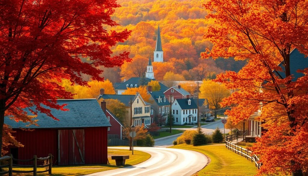 A picturesque New England town nestled amidst a vibrant tapestry of autumnal foliage. Warm, golden sunlight filters through crimson maples, casting a cozy glow on the quaint, clapboard buildings. In the foreground, a winding country road leads past a historic red barn, its weathered wood complementing the fiery hues of the surrounding trees. In the distance, a church steeple rises above the charming Main Street, framed by a patchwork of brilliant orange, yellow, and red leaves. The scene evokes a sense of quintessential New England tranquility and the magic of the fall season.