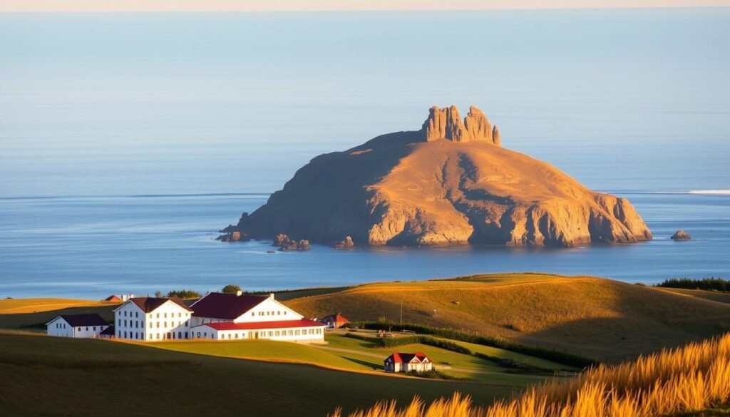 A picturesque Oregon coast landscape with a foreground of the iconic Tillamook Creamery, its bright white buildings and red roofs nestled among rolling hills. In the middle ground, a dramatic cape rises, its rocky cliffs and sea stacks contrasted by the soft, windswept grasses atop. The background showcases the expansive Pacific Ocean, its deep blue waters reflecting the warm, golden light of the setting sun. The scene has a serene, tranquil mood, inviting the viewer to imagine the salty breeze, the call of seabirds, and the peaceful solitude of this scenic corner of the Oregon coastline.