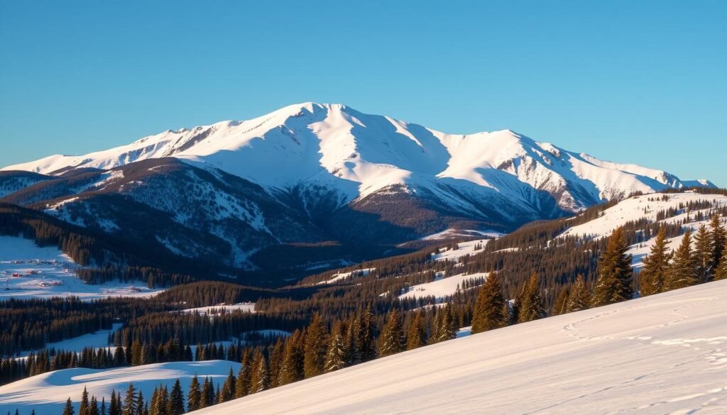 A picturesque alpine landscape with the majestic Mission Ridge mountain as the centerpiece. The mountain's snow-capped peaks rise majestically against a clear, crisp sky, casting long shadows over the rolling slopes and lush evergreen forests below. In the foreground, a groomed ski run winds its way down the mountain, inviting skiers and snowboarders to carve through the pristine powder. The scene is bathed in warm, golden light, creating a sense of tranquility and adventure. A wide-angle lens captures the grandeur of the scene, highlighting the mountain's impressive scale and the serene beauty of the surrounding wilderness.