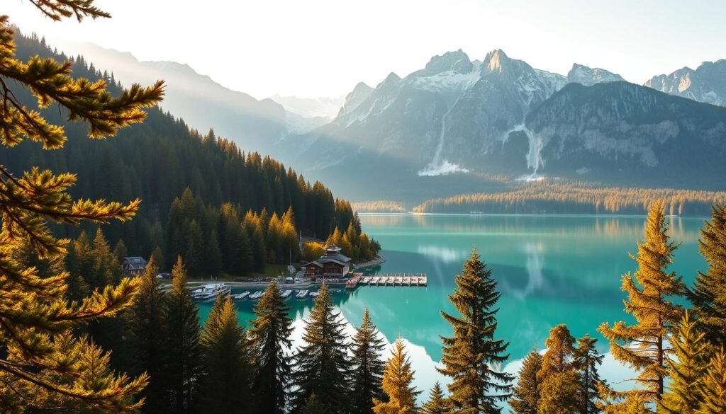 A picturesque alpine landscape with the pristine emerald waters of Lake Königssee nestled between towering, snow-capped peaks. The scene is bathed in soft, golden afternoon light, casting warm reflections on the still, mirror-like surface of the lake. In the foreground, lush, evergreen forests line the shoreline, their branches swaying gently in the gentle breeze. The middle ground features a traditional Bavarian boathouse and docks, while the background showcases the imposing, rugged silhouettes of the Berchtesgaden Alps, creating a serene and majestic atmosphere.