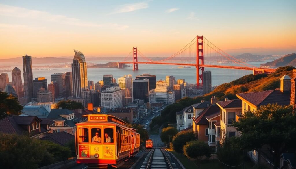 A picturesque cityscape of San Francisco, bathed in warm, golden hour lighting. In the foreground, the iconic cable cars wind their way up the steep hills, their passengers taking in the breathtaking views. The middle ground is dominated by the towering skyscrapers of the Financial District, their glass facades reflecting the vibrant colors of the sky. In the background, the majestic Golden Gate Bridge stretches across the sparkling waters of the bay, its graceful arches framed by the rolling hills on either side. The scene conveys a sense of energy and dynamism, capturing the essence of San Francisco as a hub of culture, cuisine, and breathtaking natural beauty.