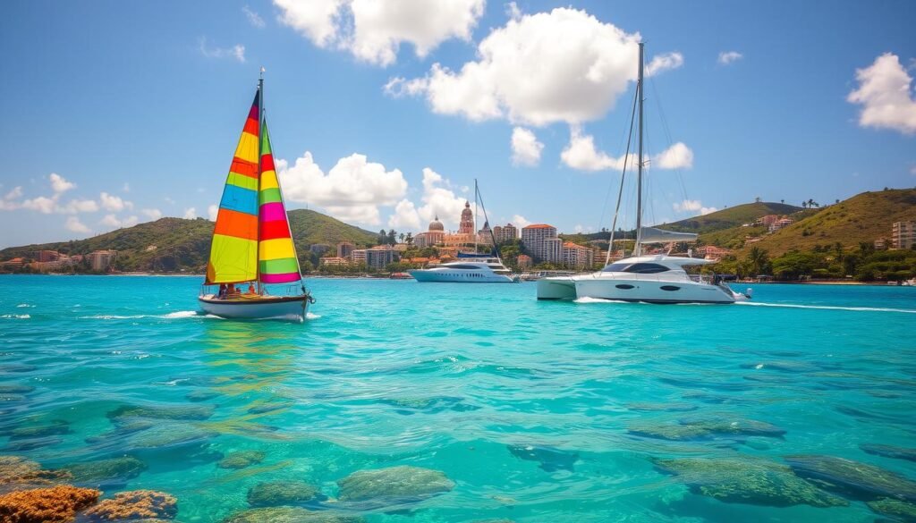 A picturesque coastal scene of San Juan, Puerto Rico, captured on a bright, sun-drenched day. In the foreground, a colorful sailboat glides across the turquoise waters of the Caribbean Sea, its vibrant sails catching the gentle breeze. Surrounding the vessel, a vibrant array of tropical fish and coral formations come into view, inviting the viewer to imagine the underwater wonders waiting to be discovered through a snorkeling adventure. In the middle ground, a sleek catamaran cuts through the waves, its passengers marveling at the stunning panoramic views of the historic city skyline in the distance, framed by lush, palm-dotted hills. The overall scene exudes a sense of tranquility, adventure, and the allure of the island's maritime heritage. A picturesque coastal scene of San Juan, Puerto Rico, captured on a bright, sun-drenched day. In the foreground, a colorful sailboat glides across the turquoise waters of the Caribbean Sea, its vibrant sails catching the gentle breeze. Surrounding the vessel, a vibrant array of tropical fish and coral formations come into view, inviting the viewer to imagine the underwater wonders waiting to be discovered through a snorkeling adventure. In the middle ground, a sleek catamaran cuts through the waves, its passengers marveling at the stunning panoramic views of the historic city skyline in the distance, framed by lush, palm-dotted hills. The overall scene exudes a sense of tranquility, adventure, and the allure of the island's maritime heritage.