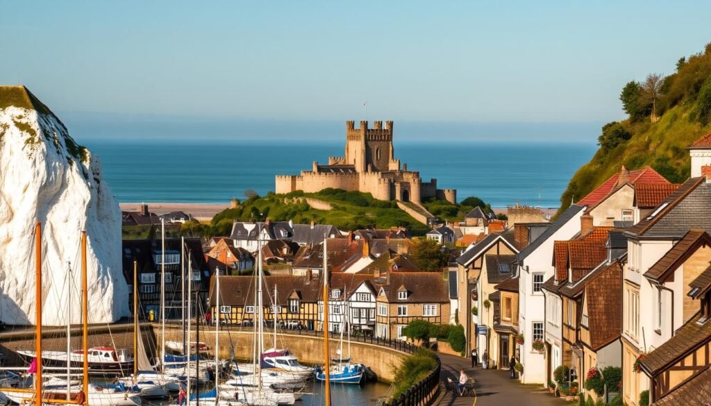 A picturesque coastal town in northern France, nestled between rolling hills and the vast expanse of the English Channel. In the foreground, a quaint harbor bustles with fishing boats and sailcraft, their masts reaching skyward. Towering white cliffs flank the scene, their jagged edges sculpted by the relentless winds. Midground, historic half-timbered buildings line the cobblestone streets, their charming facades bathed in warm afternoon sunlight. In the background, a medieval castle perches atop a verdant hilltop, its stately towers silhouetted against a hazy horizon. The scene evokes a timeless, tranquil atmosphere, capturing the essence of Normandy's rich heritage and stunning natural beauty.