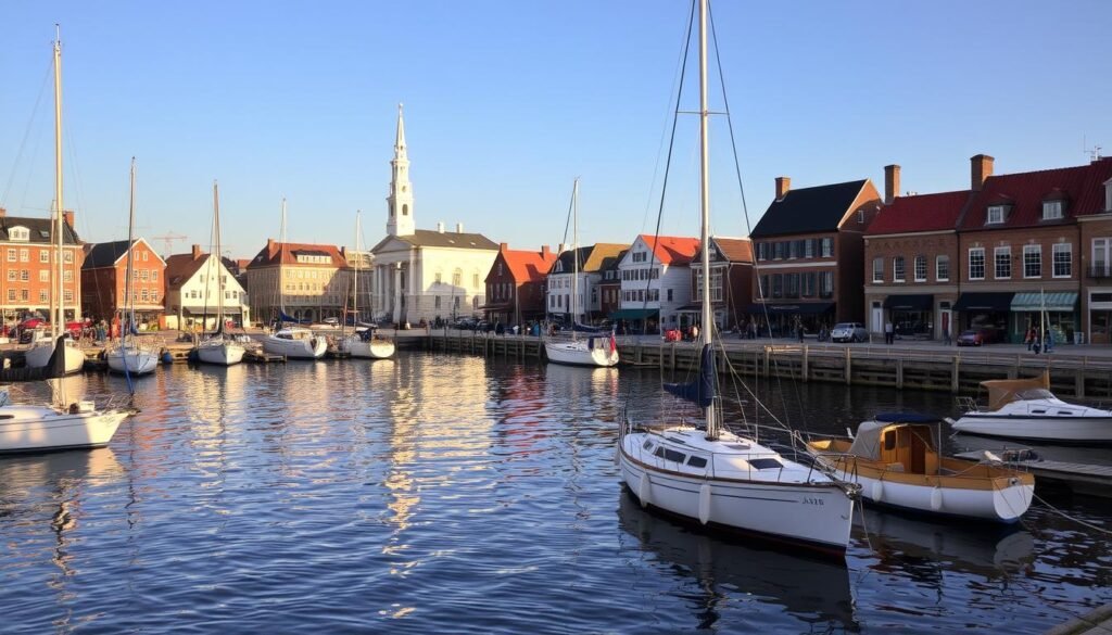 A picturesque harbor scene in downtown Annapolis, with the historic city skyline reflected in the gently rippling waters of the Chesapeake Bay. In the foreground, sailboats and yachts bob gently at their moorings, their masts swaying in the light breeze. The middle ground features quaint brick buildings and cobblestone streets, while the background is dominated by the distinctive white steeples and red-tiled roofs of the town's colonial-era architecture, bathed in warm, golden afternoon light. The overall mood is one of tranquility and timeless charm, capturing the essence of this charming Chesapeake town. A picturesque harbor scene in downtown Annapolis, with the historic city skyline reflected in the gently rippling waters of the Chesapeake Bay. In the foreground, sailboats and yachts bob gently at their moorings, their masts swaying in the light breeze. The middle ground features quaint brick buildings and cobblestone streets, while the background is dominated by the distinctive white steeples and red-tiled roofs of the town's colonial-era architecture, bathed in warm, golden afternoon light. The overall mood is one of tranquility and timeless charm, capturing the essence of this charming Chesapeake town.