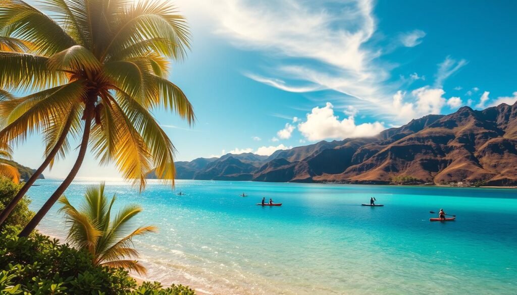 A picturesque island scene on a sunny day. In the foreground, a vibrant tropical beach with swaying palm trees and lush greenery. In the middle ground, a serene turquoise lagoon with kayakers and stand-up paddleboarders exploring the calm waters. In the background, rugged volcanic cliffs and a clear blue sky dotted with wispy clouds. The warm sunlight bathes the entire scene in a golden glow, creating a sense of tranquility and relaxation. A cinematic wide-angle lens captures the expansive vista, inviting the viewer to step into this idyllic island paradise and plan their perfect day exploring the natural wonders of Kona, Hawaii.