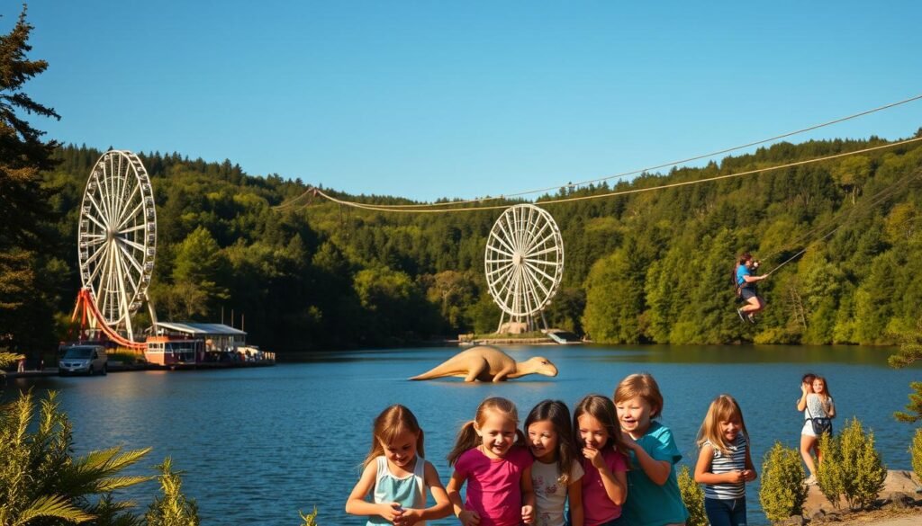 A picturesque lake surrounded by lush green forests, with families enjoying a variety of attractions. In the foreground, a rollercoaster ride and a towering Ferris wheel stand out against a clear blue sky. In the middle ground, a group of children explore a dinosaur exhibit, their faces filled with wonder. Further back, people zip through the treetops on zip lines, taking in the breathtaking views. The scene is bathed in warm, golden sunlight, creating a vibrant and inviting atmosphere. The overall composition evokes a sense of adventure, joy, and connection with nature, perfect for a family-friendly day at Lake George.