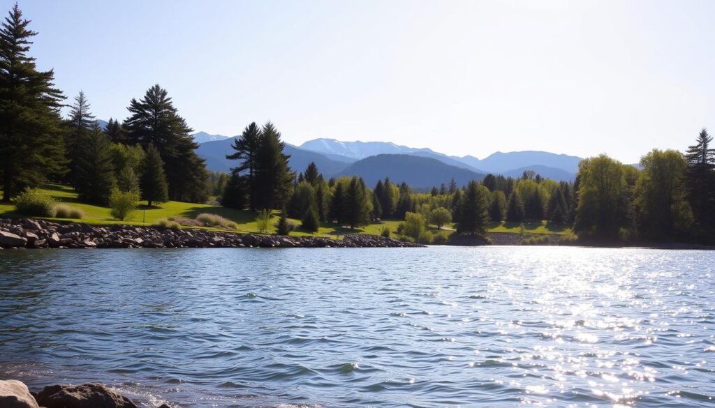 A picturesque lakefront scene in Burlington, Vermont on a sunny summer afternoon. In the foreground, the calm, sparkling waters of Lake Champlain gently lap against the rocky shoreline. In the middle ground, a lush, verdant park with towering pine trees and blooming wildflowers. In the background, the majestic Green Mountains rise up, their peaks capped with a dusting of snow. The warm, golden sunlight filters through the trees, casting a soft, inviting glow across the entire landscape. A serene, tranquil atmosphere pervades the scene, evoking a sense of peaceful contemplation.