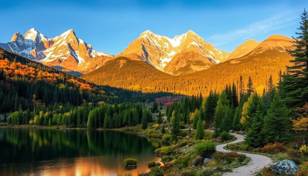 A picturesque landscape showcasing the diverse natural wonders of America. In the foreground, a serene lake reflects the towering mountains in the background, their snow-capped peaks bathed in warm, golden sunlight. Lush, verdant forests fill the middle ground, their canopies dotted with vibrant autumn foliage. A winding hiking trail leads the eye through the scene, inviting the viewer to explore the breathtaking vistas. The overall atmosphere is one of tranquility and wonder, capturing the essence of the best places to visit in the United States.