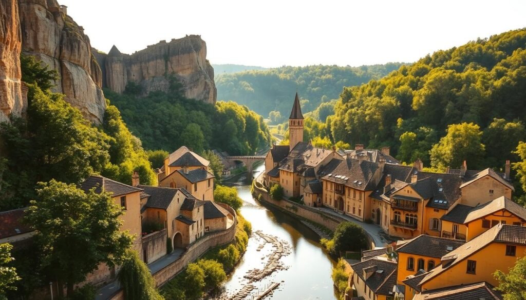 A picturesque medieval town nestled in the rolling hills of the Dordogne region, France. A quaint honey-colored stone village with charming architecture, cobblestone streets, and a tranquil river winding through the center. Towering limestone cliffs and lush verdant forests frame the scene, creating a timeless and serene atmosphere. Warm afternoon sunlight casts a golden glow over the landscape, illuminating the historic landmarks and inviting the viewer to linger and savor the beauty of this enchanting corner of the Dordogne.