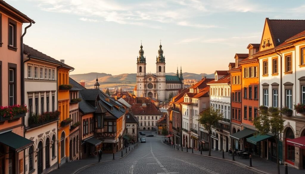 A picturesque old town in the heart of Munich, Germany. Cobblestone streets wind through a charming landscape of historic buildings, with ornate facades and colorful window boxes. In the foreground, quaint cafes and shops line the pedestrian-friendly avenues, while in the middle ground, the iconic Frauenkirche cathedral towers above, its twin domes silhouetted against a warm, golden-hour sky. In the distance, the rolling hills of the Bavarian countryside provide a serene backdrop, creating a timeless and enchanting scene that captures the essence of this beloved Munich landmark.