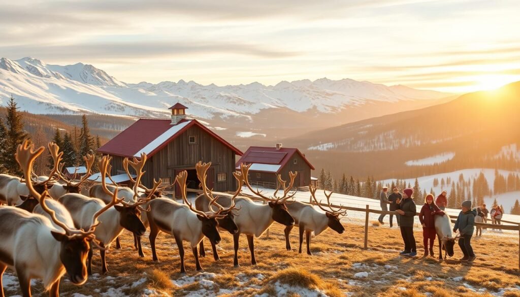 A picturesque reindeer farm nestled amidst snow-capped mountains and evergreen forests. In the foreground, a herd of majestic reindeer grazing peacefully, their antlers glistening in the soft, warm light. Children excitedly feed the friendly creatures carrots and apples, their laughter echoing through the crisp, winter air. In the middle ground, a rustic barn stands tall, its weathered wood and red roof complementing the natural surroundings. The background is a panoramic vista of rolling hills and towering peaks, bathed in a golden glow as the sun dips below the horizon, casting a cozy, festive ambiance over the entire scene.