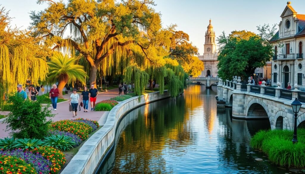 A picturesque river walk meandering through the heart of downtown San Antonio, its stone bridges and tree-lined paths bathed in warm, golden sunlight. Pedestrians stroll leisurely along the tranquil waters, pausing to admire the iconic Mission-style architecture lining the banks. Lush greenery and vibrant flowers cascade over the promenade, creating a serene, inviting atmosphere. The serene, gently flowing river reflects the towering cypress trees and historic landmarks, offering a glimpse of San Antonio's timeless charm and cultural heritage. A picturesque river walk meandering through the heart of downtown San Antonio, its stone bridges and tree-lined paths bathed in warm, golden sunlight. Pedestrians stroll leisurely along the tranquil waters, pausing to admire the iconic Mission-style architecture lining the banks. Lush greenery and vibrant flowers cascade over the promenade, creating a serene, inviting atmosphere. The serene, gently flowing river reflects the towering cypress trees and historic landmarks, offering a glimpse of San Antonio's timeless charm and cultural heritage.