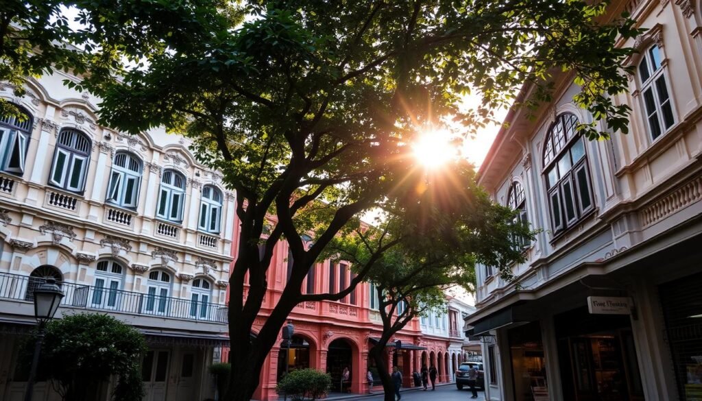 A picturesque row of pastel-colored Katong shophouses stands proudly against a backdrop of lush greenery. The sun casts a warm, golden glow, illuminating the intricately detailed facades, with their ornate windows, shutters, and decorative elements. In the foreground, a quaint five-foot way shelters pedestrians, inviting them to explore the charming Peranakan heritage and vibrant local shops. The scene exudes a timeless, nostalgic atmosphere, capturing the essence of Singapore's captivating Joo Chiat neighborhood.