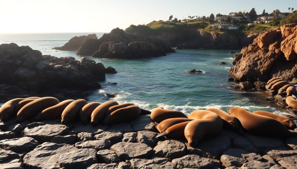 A picturesque scene of La Jolla Cove, San Diego's renowned coastal haven. In the foreground, a group of sleepy California sea lions lounges on the sun-dappled rocky shoreline, their bulky forms contrasting with the gentle lapping waves. The middle ground reveals the cove's natural sandstone sea caves, their shadows casting moody reflections in the tranquil turquoise waters. In the background, the rugged cliffs and lush greenery of the La Jolla coastline rise up, bathed in the warm glow of a golden hour sunset. Captured with a wide-angle lens, this serene and evocative image showcases the untamed beauty and marine life that make this location a must-visit destination. A picturesque scene of La Jolla Cove, San Diego's renowned coastal haven. In the foreground, a group of sleepy California sea lions lounges on the sun-dappled rocky shoreline, their bulky forms contrasting with the gentle lapping waves. The middle ground reveals the cove's natural sandstone sea caves, their shadows casting moody reflections in the tranquil turquoise waters. In the background, the rugged cliffs and lush greenery of the La Jolla coastline rise up, bathed in the warm glow of a golden hour sunset. Captured with a wide-angle lens, this serene and evocative image showcases the untamed beauty and marine life that make this location a must-visit destination.