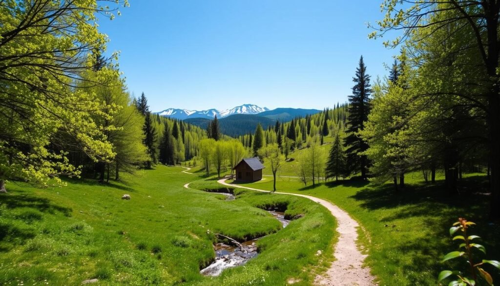 A picturesque spring landscape unfolds, with rolling hills blanketed in lush, vibrant greenery. In the foreground, a winding path meanders through a serene forest, dappled sunlight filtering through the canopy of towering trees. A small, babbling brook cuts across the scene, its gentle waters reflecting the clear, azure sky above. In the middle ground, a cozy cabin nestled among the trees comes into view, its rustic charm inviting exploration. The background features distant mountains, their peaks capped with a dusting of snow, creating a breathtaking contrast with the verdant surroundings. An atmosphere of tranquility and adventure permeates the scene, beckoning the viewer to embark on a March getaway to this picturesque location.