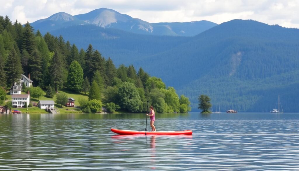 A picturesque summer day on the tranquil waters of Lake George, upstate New York. In the foreground, a vibrant paddleboard glides across the mirror-like surface, its rider casually enjoying the peaceful surroundings. The middle ground features a lush, verdant shoreline dotted with towering pines and quaint lakeside cottages. In the background, the majestic Adirondack Mountains rise up, their rugged peaks bathed in soft, warm sunlight. The scene is illuminated by natural, diffused lighting, capturing the serene atmosphere and inviting the viewer to immerse themselves in this idyllic on-the-water adventure.