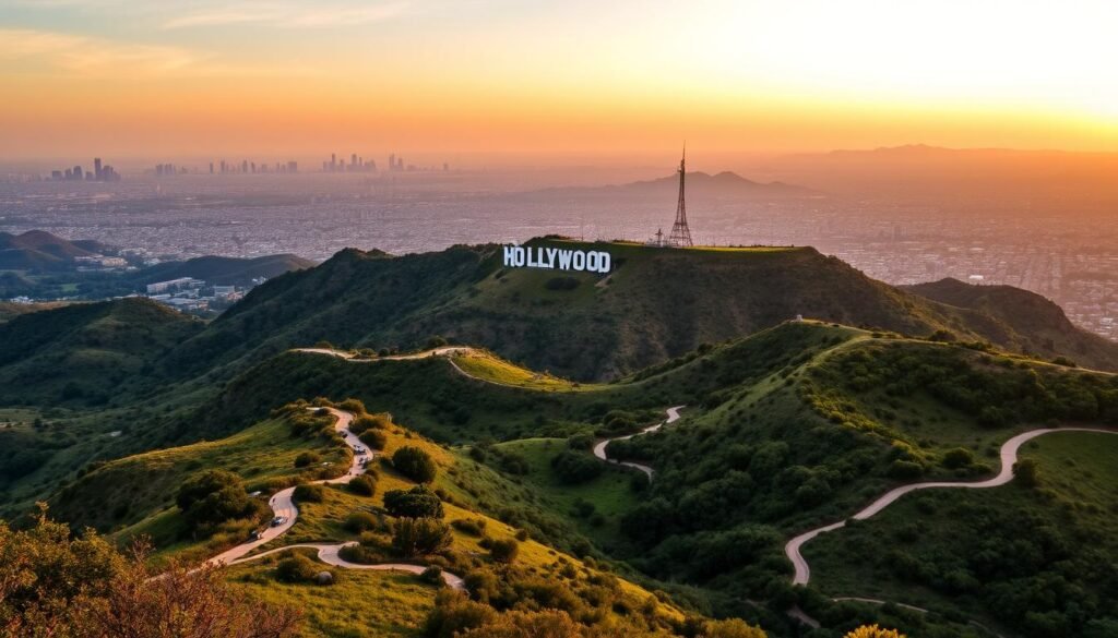 A picturesque sunset view of the iconic Hollywood Sign, perched atop the rolling hills of Griffith Park. The massive white letters stand out against a warm, golden sky, with the sprawling cityscape of Los Angeles visible in the distance. The foreground features a lush, verdant landscape dotted with hiking trails and winding paths, inviting visitors to explore the area. The lighting is soft and atmospheric, creating a sense of tranquility and wonder. Capture the essence of this famous landmark, framed by the natural beauty of the surrounding environment, to showcase the best of what Los Angeles has to offer.