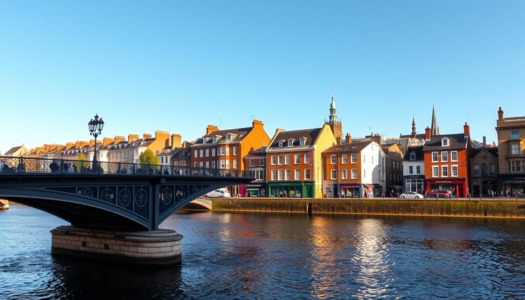 A picturesque view of Dublin's iconic Ha'penny Bridge, a historic pedestrian crossing over the Liffey River. In the foreground, the graceful arches and ornate ironwork of the bridge stand out against a clear blue sky. Pedestrians stroll leisurely across, taking in the serene river below. The middle ground features charming Georgian buildings lining the riverbanks, their warm brick facades and quaint storefronts reflecting in the calm waters. In the distance, the spires and domes of Dublin's historic landmarks dot the skyline, creating a quintessential Irish cityscape. Warm, natural lighting bathes the scene, evoking a sense of timelessness and tranquility. The composition showcases the bridge as the focal point, with the surrounding architecture and river views complementing this iconic Dublin landmark.