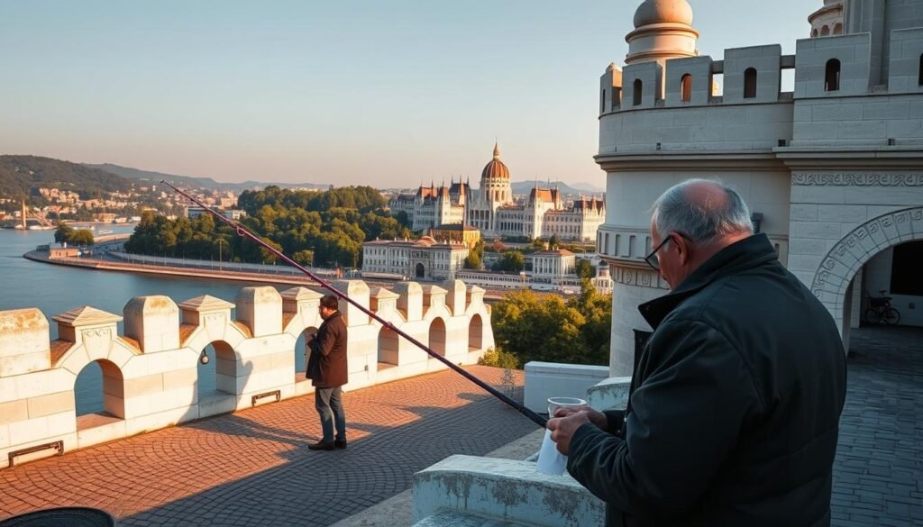 A picturesque view of the Fisherman's Bastion, a Neo-Romanesque terrace overlooking the Danube River in Budapest. The ornate white stone towers and turrets stand tall, casting long shadows on the surrounding cobblestone paths. In the foreground, a lone fisherman casts his line into the calm waters, his weathered face reflecting the golden glow of the setting sun. The middle ground reveals the lush greenery of the Buda Hills, while the distant background showcases the iconic Parliament Building across the river. The scene exudes a sense of timeless charm and tranquility, perfectly capturing the essence of a perfect first day exploring the historic city of Budapest.