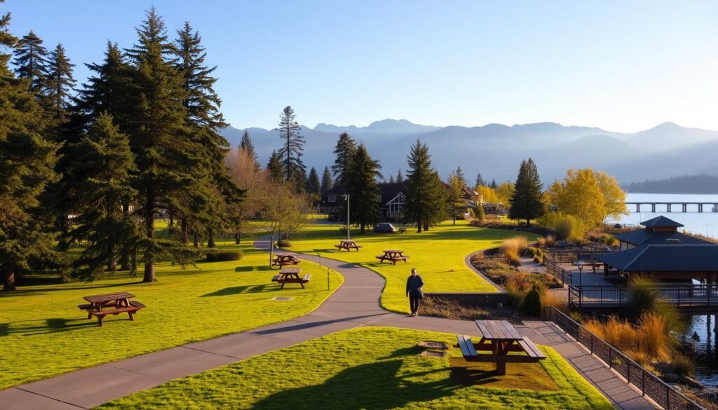 A picturesque waterfront park nestled along the banks of the Wenatchee River, with a lush green lawn dotted with towering pines and towering mountain peaks in the distance. A winding path leads visitors through the serene landscape, inviting them to stroll and take in the breathtaking views. The morning sun casts a warm glow over the scene, creating a peaceful and tranquil atmosphere. In the foreground, benches and picnic tables offer a perfect spot to relax and enjoy the natural beauty. The overall scene conveys a sense of calm and serenity, perfectly capturing the essence of a charming small-town waterfront.