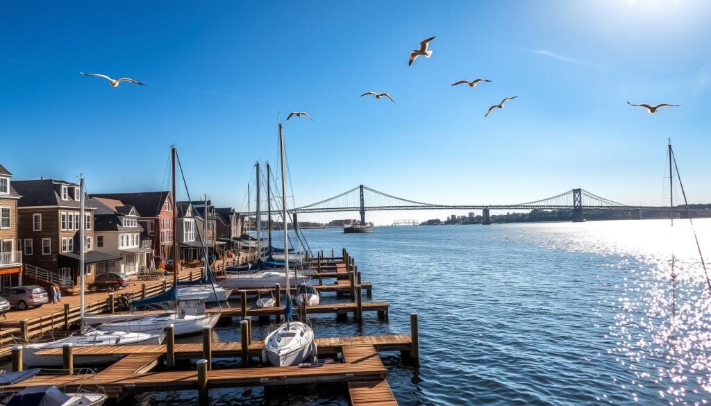 A picturesque waterfront scene in Eastport, Annapolis, with a quaint marina and charming sailboats docked along the shore. The sun casts a warm, golden glow over the weathered wooden docks and historic buildings lining the harbor. In the distance, the iconic Annapolis Bay Bridge stretches across the sparkling waters, connecting the two sides of this vibrant, waterside community. Seagulls soar overhead, adding to the serene, coastal ambiance. The viewer is drawn into the scene, experiencing the local flavor and tranquil atmosphere of this charming Annapolis neighborhood. A picturesque waterfront scene in Eastport, Annapolis, with a quaint marina and charming sailboats docked along the shore. The sun casts a warm, golden glow over the weathered wooden docks and historic buildings lining the harbor. In the distance, the iconic Annapolis Bay Bridge stretches across the sparkling waters, connecting the two sides of this vibrant, waterside community. Seagulls soar overhead, adding to the serene, coastal ambiance. The viewer is drawn into the scene, experiencing the local flavor and tranquil atmosphere of this charming Annapolis neighborhood.