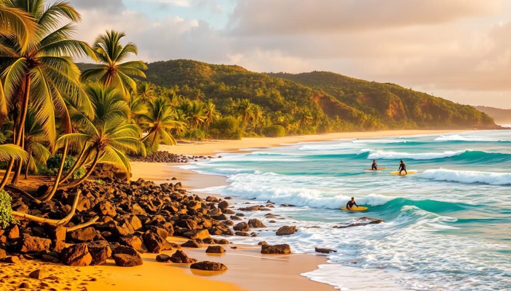 A picturesque west coast beach in Puerto Rico, with gently swaying palm trees lining the golden sand. Turquoise waves crash against the rocky shoreline, creating a soothing rhythm. The warm, golden afternoon sun casts a soft, romantic glow, illuminating the lush tropical foliage in the distance. A group of local surfers glide effortlessly across the rolling swells, capturing the carefree, laid-back essence of this idyllic coastal town. The scene exudes a tranquil, paradise-like atmosphere, inviting viewers to imagine themselves immersed in the serene beauty of Puerto Rico's western shores. A picturesque west coast beach in Puerto Rico, with gently swaying palm trees lining the golden sand. Turquoise waves crash against the rocky shoreline, creating a soothing rhythm. The warm, golden afternoon sun casts a soft, romantic glow, illuminating the lush tropical foliage in the distance. A group of local surfers glide effortlessly across the rolling swells, capturing the carefree, laid-back essence of this idyllic coastal town. The scene exudes a tranquil, paradise-like atmosphere, inviting viewers to imagine themselves immersed in the serene beauty of Puerto Rico's western shores.