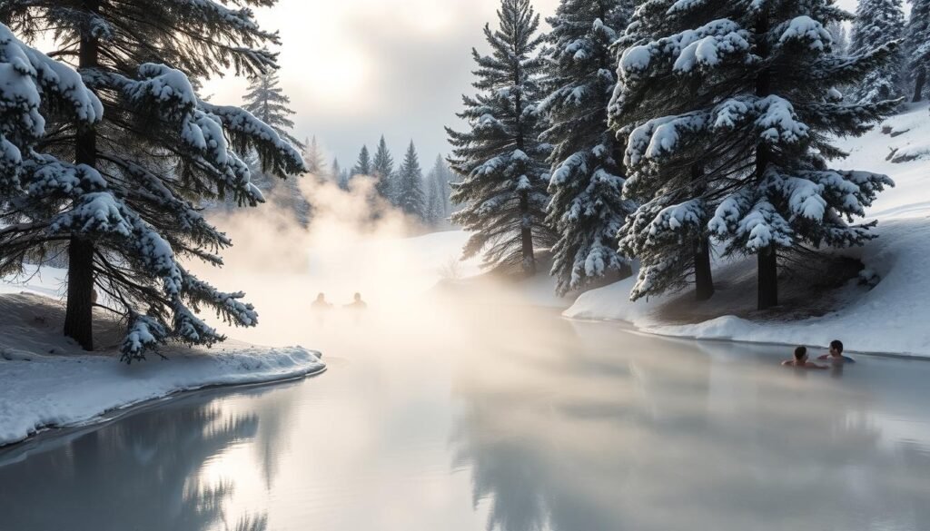 A picturesque winter scene of natural hot springs nestled in a snowy landscape. The steaming pools are surrounded by towering pine trees, their branches dusted with a layer of pristine white snow. Soft, diffused lighting filters through the clouds, creating a serene and tranquil atmosphere. The water reflects the muted hues of the sky, creating a mirror-like surface that invites visitors to soak in the soothing, mineral-rich waters. In the distance, a few adventurous souls can be seen enjoying the warmth of the springs, their silhouettes adding a sense of scale and human presence to the otherwise peaceful setting. A picturesque winter scene of natural hot springs nestled in a snowy landscape. The steaming pools are surrounded by towering pine trees, their branches dusted with a layer of pristine white snow. Soft, diffused lighting filters through the clouds, creating a serene and tranquil atmosphere. The water reflects the muted hues of the sky, creating a mirror-like surface that invites visitors to soak in the soothing, mineral-rich waters. In the distance, a few adventurous souls can be seen enjoying the warmth of the springs, their silhouettes adding a sense of scale and human presence to the otherwise peaceful setting.