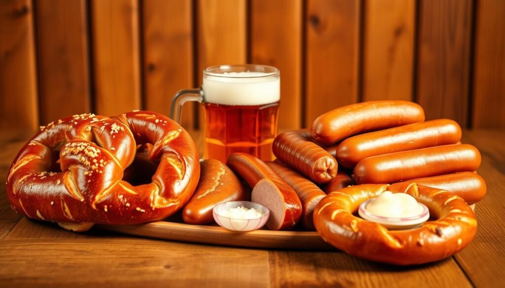 A platter of classic Bavarian delicacies set against a rustic wooden table, illuminated by warm, golden light. In the foreground, freshly baked Brezeln (Bavarian pretzels) with a delightfully crusty exterior and a soft, chewy interior. Beside them, a selection of traditional Bavarian sausages, including plump Weißwurst and juicy Bratwurst, accompanied by a tangy mustard and a dollop of creamy white radish salad. In the middle ground, a stein of frothy, amber-hued Bavarian beer, its foam glistening under the soft lighting. The background features a cozy, wood-paneled wall, evoking the charming ambiance of a traditional Bavarian Gasthaus.