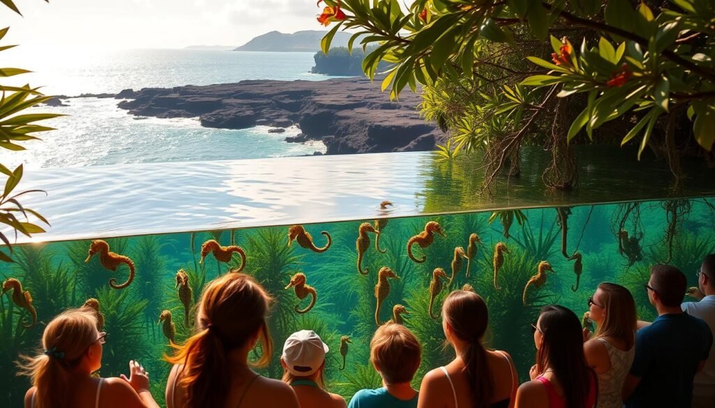 A pristine seahorse enclosure nestled amidst lush tropical foliage, bathed in warm, golden afternoon light. In the foreground, a group of visitors observe in fascination as graceful seahorses glide through crystal-clear waters, their intricate, bejeweled forms contrasting against the vibrant, underwater flora. In the middle ground, a tour guide provides insights into the unique life cycle and conservation efforts of these mesmerizing creatures. The background depicts a picturesque Kona coastline, where the shimmering ocean meets the rugged, volcanic landscape, creating a captivating and only-in-Kona wildlife experience.