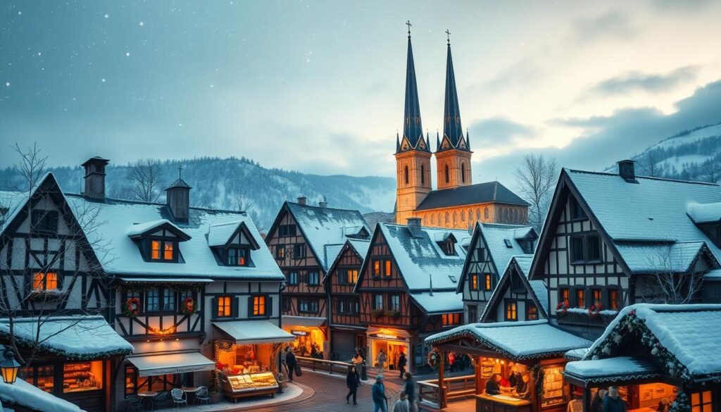 A quaint European town nestled in a snowy winter landscape, with twinkling lights adorning the charming half-timbered buildings, cobblestone streets, and cozy marketplaces. Warm amber glow from shops and cafes spill out onto the festive scene, casting a soft, inviting ambiance. In the foreground, a bustling Christmas market with wooden stalls selling handcrafted goods, mulled wine, and roasted chestnuts. Towering church steeples and snow-capped rooftops rise in the middle distance, while a serene, starry sky hovers above in the background. Crisp, cinematic lighting captures the magic and enchantment of this storybook Christmas town.