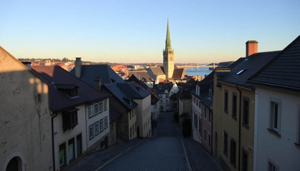 A quaint, medieval town nestled along the banks of the Danube River, Regensburg's UNESCO Old Town exudes timeless charm. The foreground features cobblestone streets lined with well-preserved Romanesque and Gothic architecture, their timeworn facades casting long shadows in the golden hour light. In the middle ground, a striking cathedral spire punctuates the skyline, its intricate stone carvings glistening. The background reveals the tranquil river flowing serenely, with sailboats and bridges connecting the historic city center. An atmosphere of peaceful contemplation pervades the scene, inviting the viewer to step back in time and immerse themselves in Regensburg's storied past.
