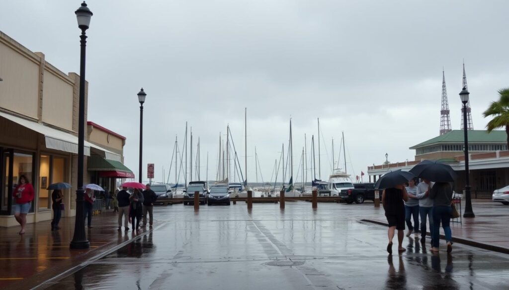A rainy day in downtown Panama City, Florida. The streets are glistening with puddles, reflecting the moody gray sky above. In the foreground, a group of visitors seeks shelter under the awnings of a local art gallery, their umbrellas dripping wet. The middle ground features the iconic St. Andrews Bay waterfront, where sailboats sway gently in the light breeze. In the distance, the towering spires of the Panama City Marina and Maritime Museum stand tall, inviting exploration on this rainy afternoon. The scene is bathed in a soft, diffused lighting, creating a contemplative, atmospheric mood perfect for a day of indoor cultural activities.
