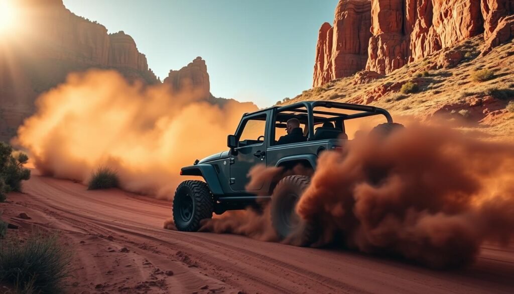 A rugged Jeep navigating a winding desert trail, kicking up clouds of rust-colored dust against a backdrop of towering red rock formations. The vehicle's muscular frame and chunky off-road tires suggest a thrilling, adventurous journey through Sedona's dramatic landscape. Warm, golden sunlight filters through the frame, casting deep shadows and highlighting the dramatic textures of the terrain. The Jeep's occupants, silhouetted against the bright sky, convey a sense of excitement and exploration as they venture into the heart of this stunning natural wonder. A rugged Jeep navigating a winding desert trail, kicking up clouds of rust-colored dust against a backdrop of towering red rock formations. The vehicle's muscular frame and chunky off-road tires suggest a thrilling, adventurous journey through Sedona's dramatic landscape. Warm, golden sunlight filters through the frame, casting deep shadows and highlighting the dramatic textures of the terrain. The Jeep's occupants, silhouetted against the bright sky, convey a sense of excitement and exploration as they venture into the heart of this stunning natural wonder.