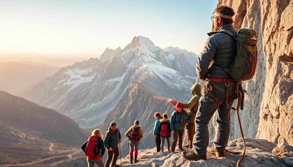 A rugged, experienced rock climbing guide stands atop a towering granite cliff, surveying the breathtaking landscape of Bozeman, Montana. The guide is clad in durable outdoor gear, with a sturdy harness and carabiner clips at the ready. In the foreground, a group of adventurous hikers prepare to embark on an exhilarating guided rock climbing excursion, their faces filled with anticipation. In the middle ground, the dramatic, snow-capped peaks of the Rocky Mountains loom, casting long shadows across the rocky terrain. The scene is bathed in warm, golden light, creating a sense of adventure and exploration. The overall mood is one of excitement and awe, capturing the spirit of a guided rock climbing experience in the heart of Montana's stunning wilderness. A rugged, experienced rock climbing guide stands atop a towering granite cliff, surveying the breathtaking landscape of Bozeman, Montana. The guide is clad in durable outdoor gear, with a sturdy harness and carabiner clips at the ready. In the foreground, a group of adventurous hikers prepare to embark on an exhilarating guided rock climbing excursion, their faces filled with anticipation. In the middle ground, the dramatic, snow-capped peaks of the Rocky Mountains loom, casting long shadows across the rocky terrain. The scene is bathed in warm, golden light, creating a sense of adventure and exploration. The overall mood is one of excitement and awe, capturing the spirit of a guided rock climbing experience in the heart of Montana's stunning wilderness.