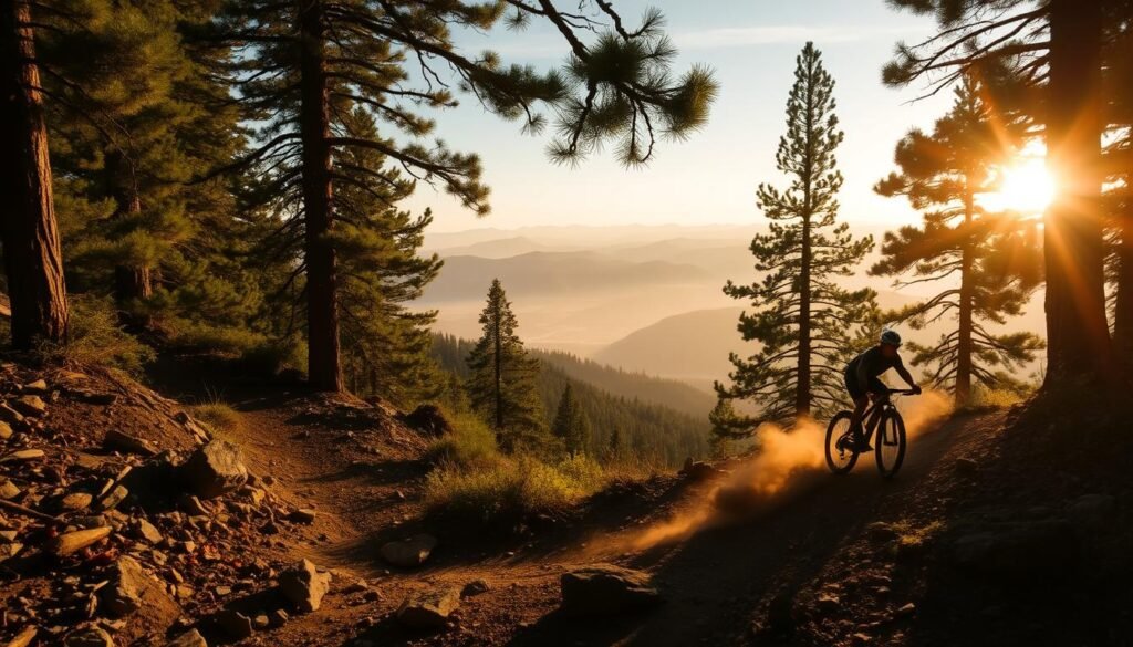 A rugged mountain trail winds through a verdant forest, the sun's golden rays filtering through the canopy. In the foreground, a lone mountain biker navigates the rocky terrain, their bike kicking up a flurry of dirt and leaves. The middle ground showcases a breathtaking vista of rolling hills and distant peaks, bathed in a soft, hazy light. The background features towering evergreen trees, their branches casting dramatic shadows across the scene. The overall atmosphere conveys a sense of adventure, challenge, and the pure joy of exploration in the great outdoors. This is Phil's Trailhead, the gateway to Bend, Oregon's renowned mountain biking trails.