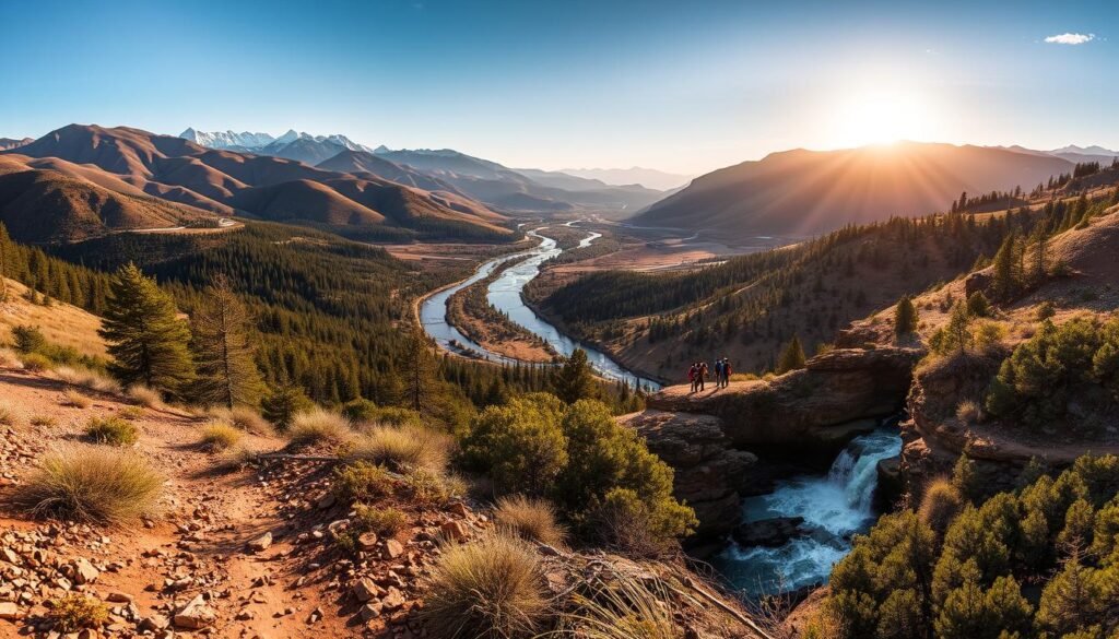 A scenic landscape near Santa Fe, New Mexico, featuring a breathtaking vista of rolling hills, towering mountains, and a shimmering river winding through the valley. In the foreground, a rugged hiking trail leads through a lush forest, with sunbeams filtering through the canopy. In the middle ground, a group of adventurers explore a hidden waterfall, its cascading waters crashing against the mossy rocks. In the background, the majestic Sangre de Cristo mountain range rises up, its peaks capped with snow and bathed in the warm glow of the setting sun. The scene is captured with a wide-angle lens, creating a sense of depth and grandeur, and the overall mood is one of tranquility and adventure, perfectly capturing the outdoor experiences awaiting visitors to this enchanting region. A scenic landscape near Santa Fe, New Mexico, featuring a breathtaking vista of rolling hills, towering mountains, and a shimmering river winding through the valley. In the foreground, a rugged hiking trail leads through a lush forest, with sunbeams filtering through the canopy. In the middle ground, a group of adventurers explore a hidden waterfall, its cascading waters crashing against the mossy rocks. In the background, the majestic Sangre de Cristo mountain range rises up, its peaks capped with snow and bathed in the warm glow of the setting sun. The scene is captured with a wide-angle lens, creating a sense of depth and grandeur, and the overall mood is one of tranquility and adventure, perfectly capturing the outdoor experiences awaiting visitors to this enchanting region.