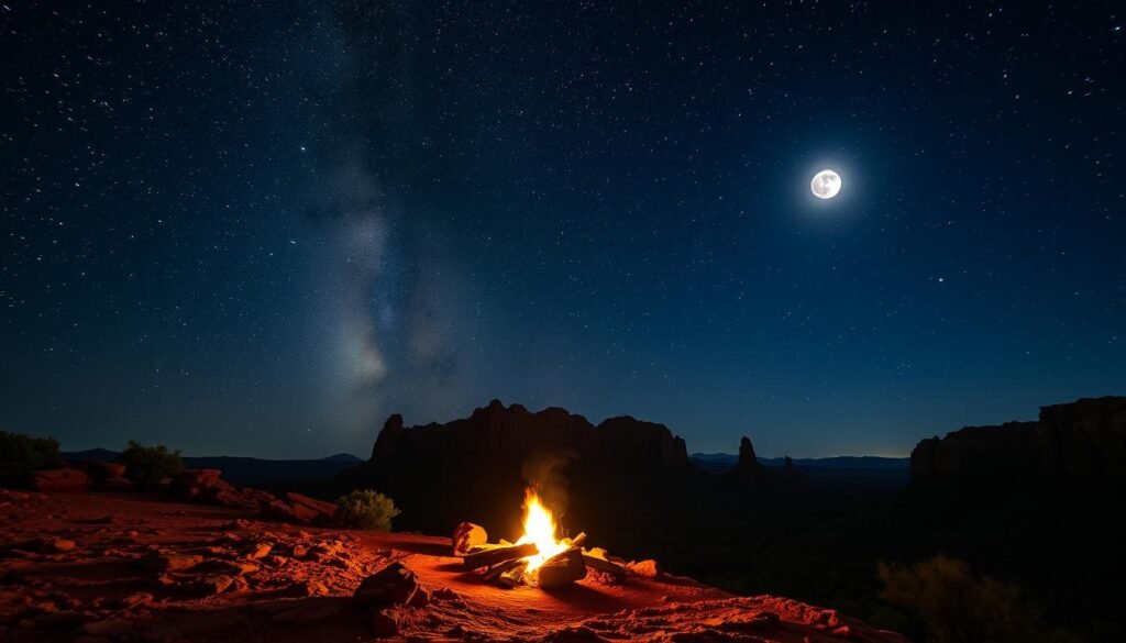 A scenic nighttime landscape showcasing the mesmerizing stargazing spots of Sedona, Arizona. The foreground features a serene, rocky outcrop with a cozy campfire illuminating the rugged terrain. The middle ground depicts a vast, open sky brimming with a dazzling tapestry of stars, galaxies, and celestial bodies. In the background, majestic red rock formations rise majestically, silhouetted against the night sky. Diffused moonlight casts a warm, ethereal glow, creating an atmosphere of tranquility and wonder. The image is captured with a wide-angle lens, allowing the viewer to immerse themselves in the captivating dark sky magic of this enchanting desert destination. A scenic nighttime landscape showcasing the mesmerizing stargazing spots of Sedona, Arizona. The foreground features a serene, rocky outcrop with a cozy campfire illuminating the rugged terrain. The middle ground depicts a vast, open sky brimming with a dazzling tapestry of stars, galaxies, and celestial bodies. In the background, majestic red rock formations rise majestically, silhouetted against the night sky. Diffused moonlight casts a warm, ethereal glow, creating an atmosphere of tranquility and wonder. The image is captured with a wide-angle lens, allowing the viewer to immerse themselves in the captivating dark sky magic of this enchanting desert destination.
