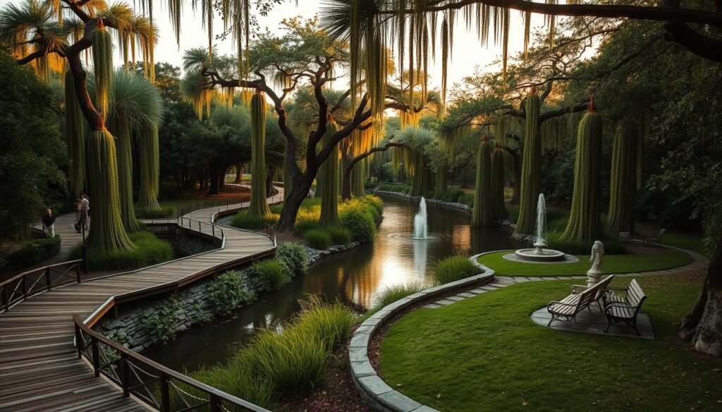 A scenic riverside promenade winds through lush greenery, with towering cypress trees lining the banks. Wooden boardwalks and stone paths lead past tranquil fountains and benches, inviting visitors to stroll and take in the peaceful ambiance. The warm, golden light of the setting sun casts a soft glow over the scene, creating a serene and inviting atmosphere perfect for a leisurely weekend exploration. The camera captures this idyllic river walk from a medium distance, showcasing the winding path and the beautiful natural surroundings that make this a must-see attraction in San Antonio. A scenic riverside promenade winds through lush greenery, with towering cypress trees lining the banks. Wooden boardwalks and stone paths lead past tranquil fountains and benches, inviting visitors to stroll and take in the peaceful ambiance. The warm, golden light of the setting sun casts a soft glow over the scene, creating a serene and inviting atmosphere perfect for a leisurely weekend exploration. The camera captures this idyllic river walk from a medium distance, showcasing the winding path and the beautiful natural surroundings that make this a must-see attraction in San Antonio.