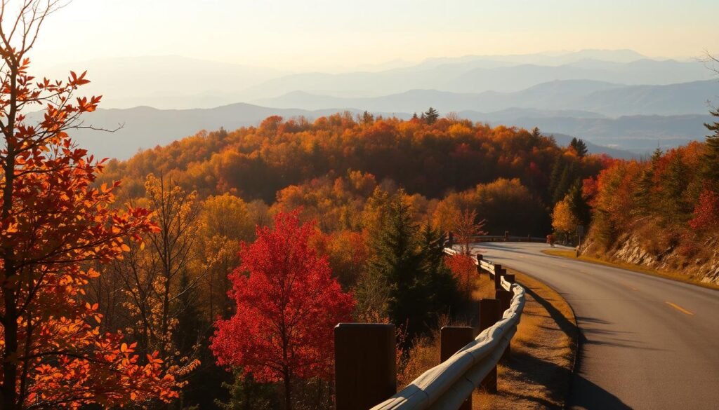 A scenic vista along the Blue Ridge Parkway, Western North Carolina, in autumn. The winding road winds through a lush, forested landscape, with vibrant fall foliage in shades of red, orange, and yellow adorning the trees. In the foreground, a wooden guardrail leads the eye towards the distant, hazy blue mountains on the horizon. Warm, golden sunlight filters through the canopy, casting a soft, magical glow over the scene. The atmosphere is serene and peaceful, inviting the viewer to slow down and appreciate the natural beauty of this iconic American road trip destination.
