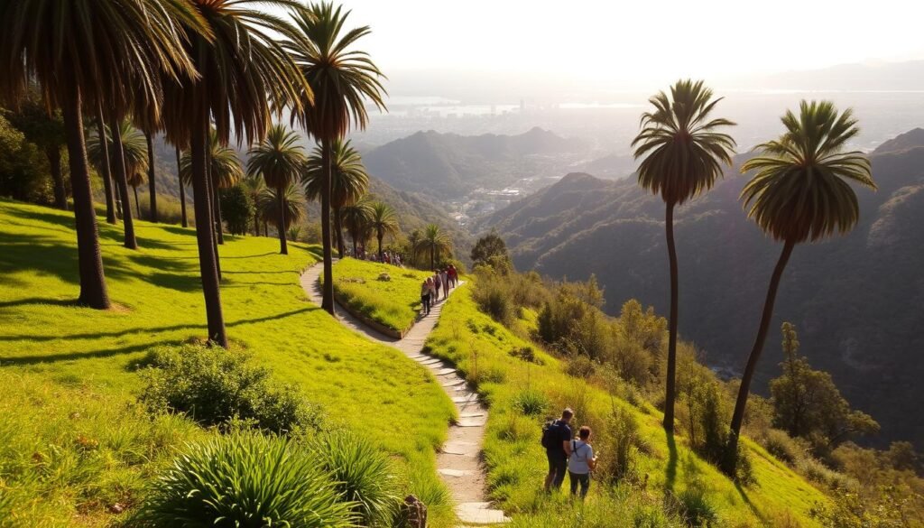 A scenic vista of Runyon Canyon Park, with lush, verdant hills and meandering hiking trails in the foreground. Sunlight filters through the canopy of towering palm trees, casting warm, golden hues across the scene. In the middle ground, a group of hikers ascend a gently sloping path, taking in the panoramic views of the Los Angeles cityscape in the distance. The atmosphere is one of tranquility and adventure, inviting the viewer to explore this urban oasis of nature. A scenic vista of Runyon Canyon Park, with lush, verdant hills and meandering hiking trails in the foreground. Sunlight filters through the canopy of towering palm trees, casting warm, golden hues across the scene. In the middle ground, a group of hikers ascend a gently sloping path, taking in the panoramic views of the Los Angeles cityscape in the distance. The atmosphere is one of tranquility and adventure, inviting the viewer to explore this urban oasis of nature.